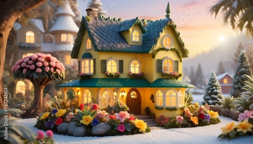 A picturesque pineapple-inspired house nestled in a fairy garden, with an array of colorful flowers accentuating its beauty, as the winter sun casts a warm glow over the serene scene.