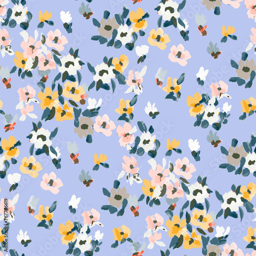  Cute feminine seamless watercolor pattern with little tiny wildflowers, hand drawn, not AI