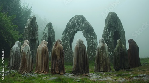 Ghosts gather by stone circle in foggy natural landscape