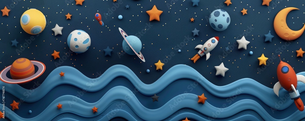 Cute 3D Space Scene. Planets, Spaceships, and Stars on Dark Blue Background Cute 3D Space Scene. Planets, Spaceships, and Stars on Dark Blue Background