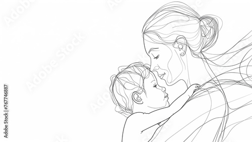 Mother and child line art drawing with copy space for text. Mother's day concept