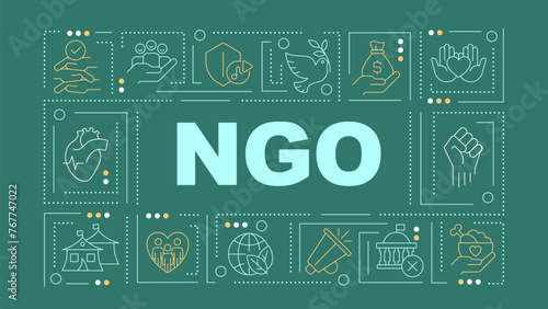 Non governmental organizations green word concept. Nonprofits. Typography banner. Flat design. Vector illustration with title text, editable line icons. Ready to use. Arial Black font used