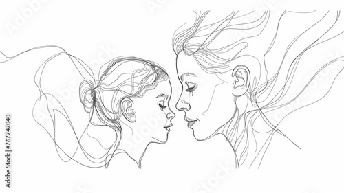 Mother and her daughter in line art drawing. Mother's day concept image