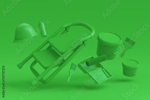 Set of folding ladder, bucket, helmet with paint rollers and brushes