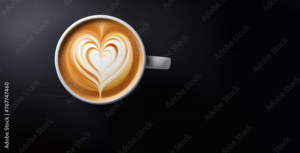 The cup of latte coffee with heart shaped latte art on dark background