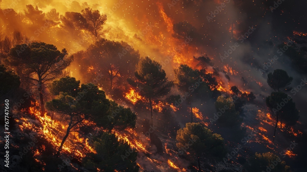 Fire Burning in Forest Amidst Trees