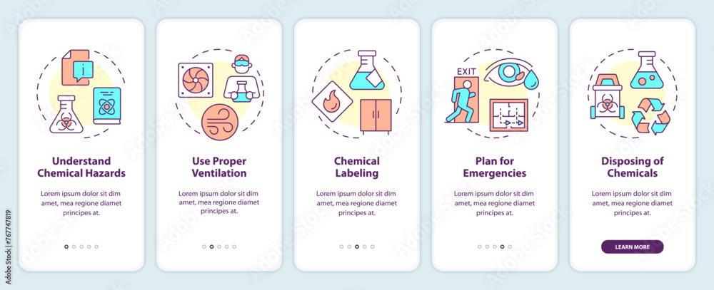 Lab workplace safety organization onboarding mobile app screen. Walkthrough 5 steps editable graphic instructions with linear concepts. UI, UX, GUI template. Myriad Pro-Bold, Regular fonts used