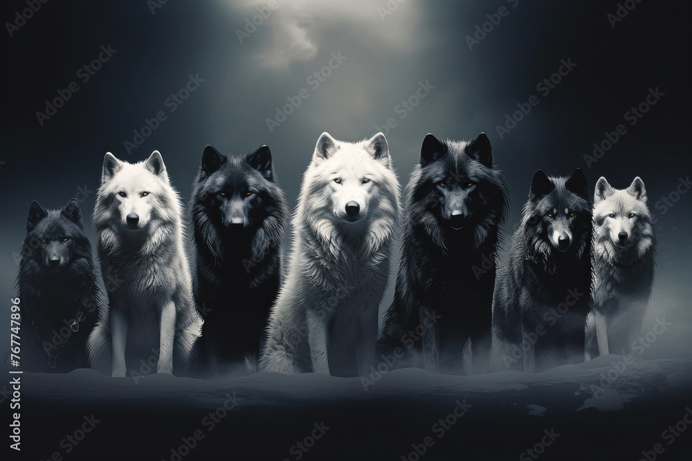 Illustration d'une meute de loups noirs et blanc dans la nuit. - obrazy, fototapety, plakaty 