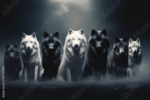 Illustration d'une meute de loups noirs et blanc dans la nuit.