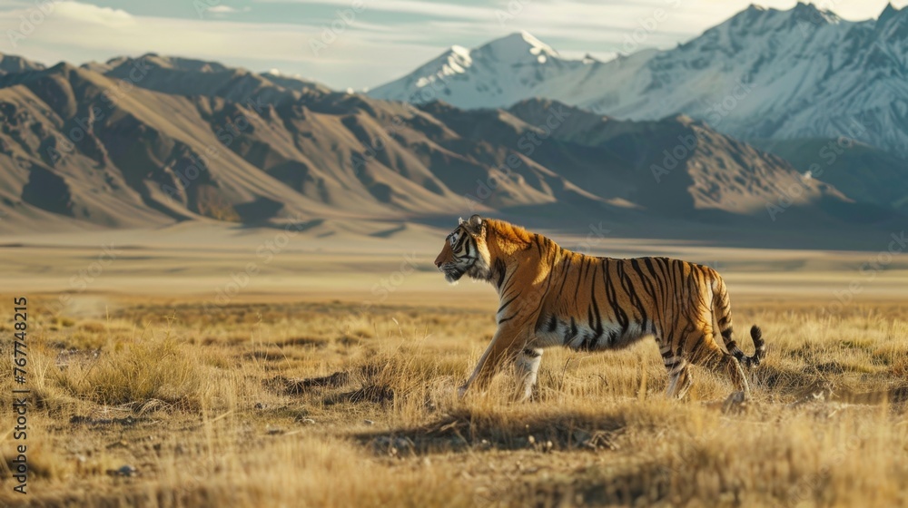 Fototapeta premium Tiger Walking Across Dry Grass Field