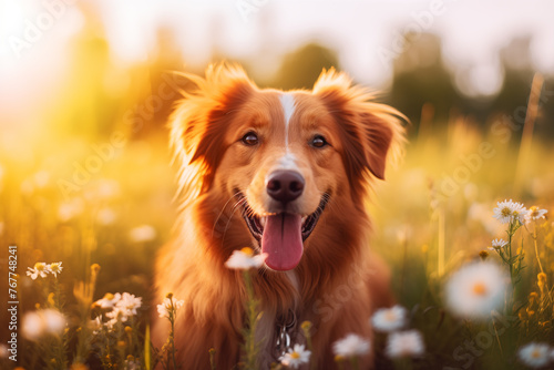 Cheerful Canine in Daisies: Radiant Dog with a Sunset Backdrop