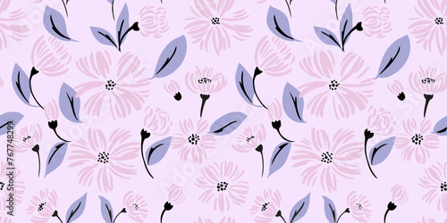 Abstract creative minimalist shapes flowers and leaves, buds seamless pattern. Pastel purple simple floral printing. Vector hand drawn sketch. Template for designs, fabric, fashion, textile, wallpaper