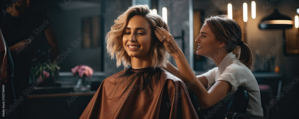 Woman getting a haircut at a salon