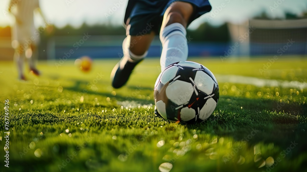 Modern soccer player kicking ball on a classic grass field