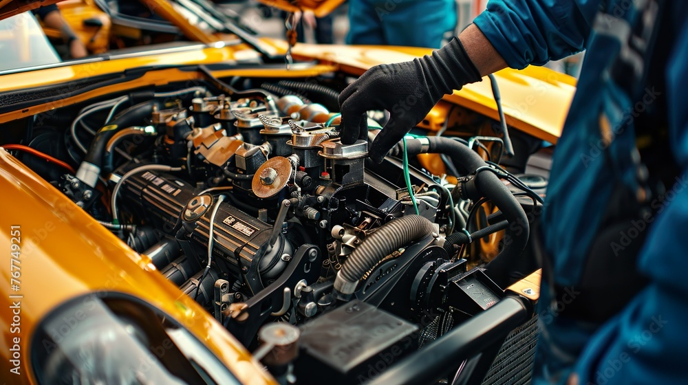 Close-up of a mechanic's hands fine-tuning a sports car engine in the pit lane before a race