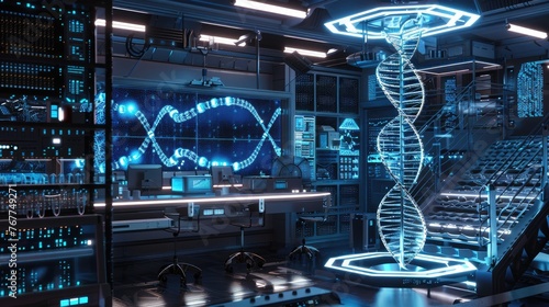 A high-tech laboratory where scientists analyze Anunnaki DNA from ancient remains. The lab is filled with advanced equipment 