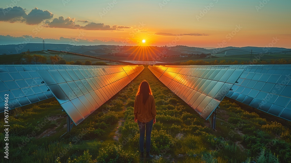 Woman at dusk in solar panel field with sky and horizon - obrazy, fototapety, plakaty 