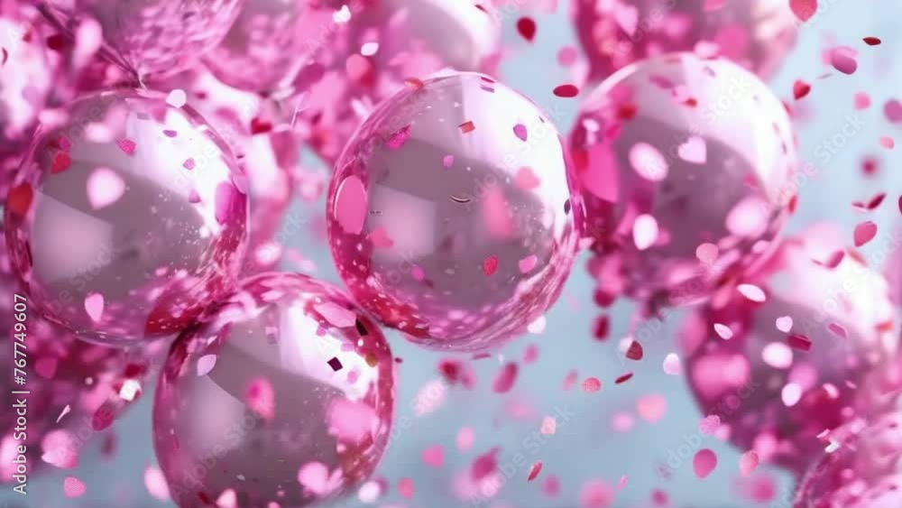 Floating helium balloon. Sparkling silver confetti falling on flying pink balloons for celebration and party Floating helium balloon. Sparkling silver confetti falling on flying pink balloons for celebration and party