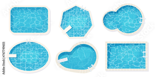 Set Swimming pool top view water surface mosaic floor outdoor poolside isolated on white background. Water texture, detailed and bright. Outdoor, landscape.