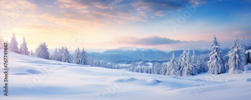 Sunrise over snowy mountain forest landscape © Alena