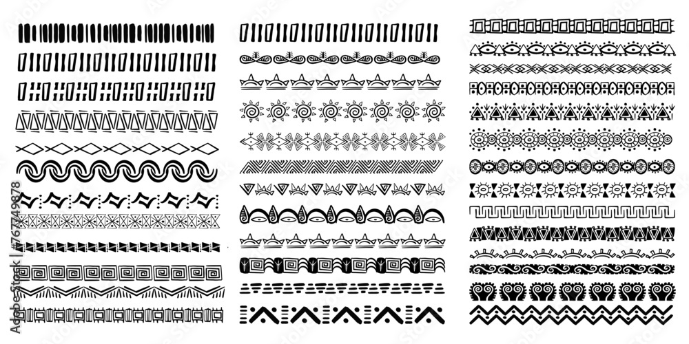 Set aztec tribal motive border in doodle hand drawn style from geometrical shapes isolated on white background. boho scandinavian srtoke, traditional native decor. Set aztec tribal motive border in doodle hand drawn style from geometrical shapes isolated on white background. boho scandinavian srtoke, traditional native decor.