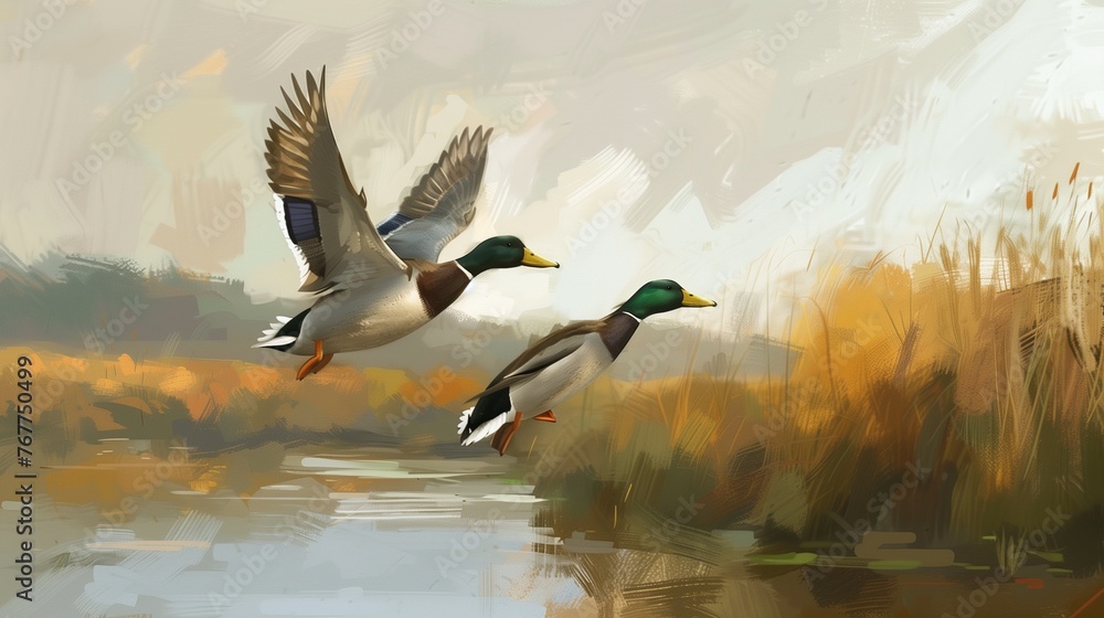 A pair of mallard ducks taking flight from a serene marshland, wings outstretched in harmony.  - obrazy, fototapety, plakaty 