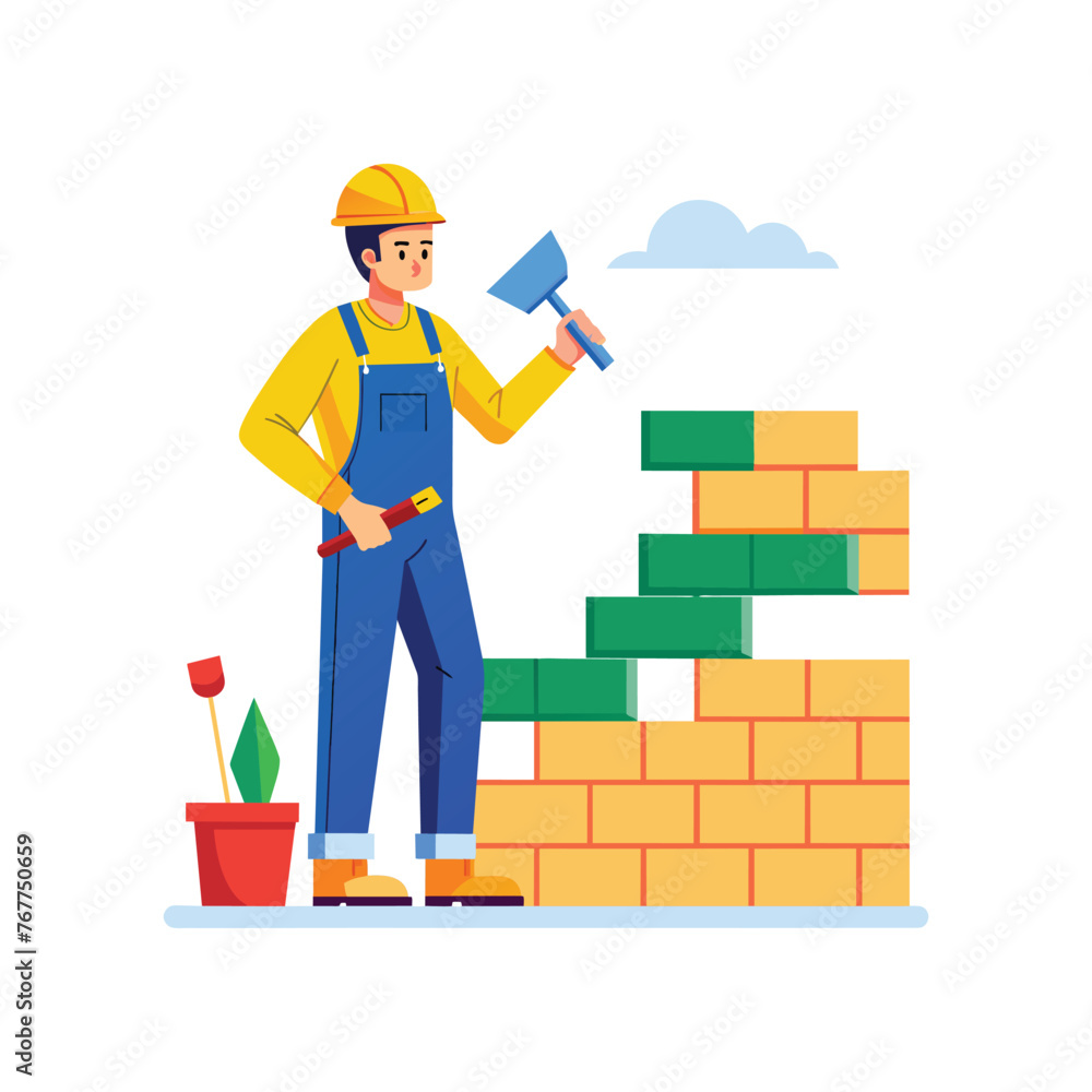 construction worker with bricks and building