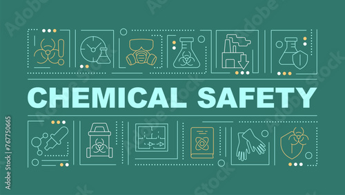Chemical safety green word concept. Environmental impact, health hazard. Typography banner. Flat design. Vector illustration with title text, editable line icons. Ready to use. Arial Black font used
