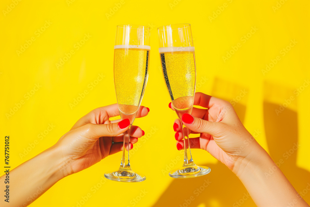 Two people are holding up champagne glasses, toasting to a special occasion. The glasses are filled with a bubbly, golden liquid, and the setting is bright and cheerful