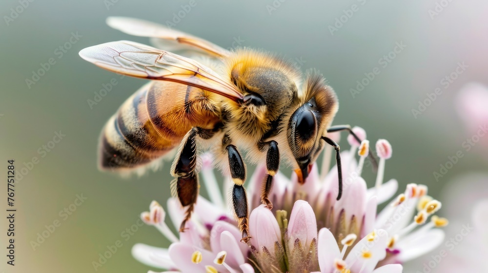 One bee on flowers. One bee on flowers.