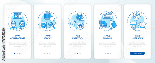 HVAC Services and Improvements blue onboarding mobile app screen. Walkthrough 5 steps editable graphic instructions with linear concepts. UI, UX, GUI template. Myriad Pro-Bold, Regular fonts used