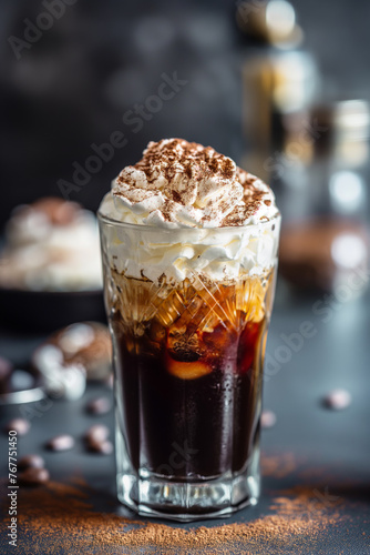 Cold coffee in tall glasses with coffee beans