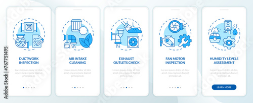 Ventilation inspection blue onboarding mobile app screen. HVAC walkthrough 5 steps editable graphic instructions with linear concepts. UI, UX, GUI template. Myriad Pro-Bold, Regular fonts used