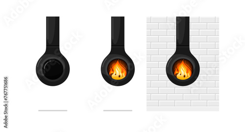 Wood burning fireplace with fire, free standing hanging modern home heater with chimney, glass window and white brick wall background. Set of vector flat cartoon illustrations