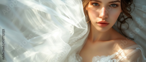 A beautiful woman bride in a white wedding dress stands with a photo, a banner with copy space