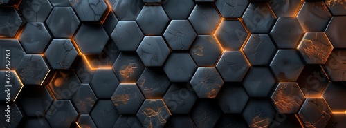 Abstract background with dark gray and orange hexagon shapes, creating an industrial atmosphere. The wall is made of dark metal, glowing in golden light. Background for design, banner, poster or cover