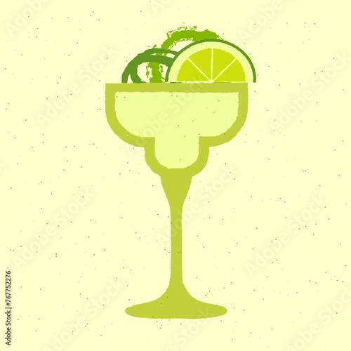 Green cocktail with lemon and flower. Mojito in margarita glass. Fresh green soft drink