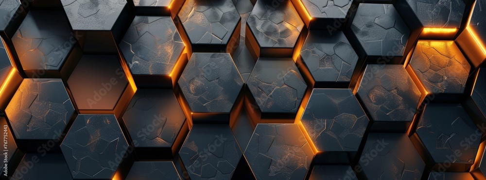 Abstract background with dark gray and orange hexagon shapes, creating an industrial atmosphere. The wall is made of dark metal, glowing in golden light. Background for design, banner, poster or cover Abstract background with dark gray and orange hexagon shapes, creating an industrial atmosphere. The wall is made of dark metal, glowing in golden light. Background for design, banner, poster or cover