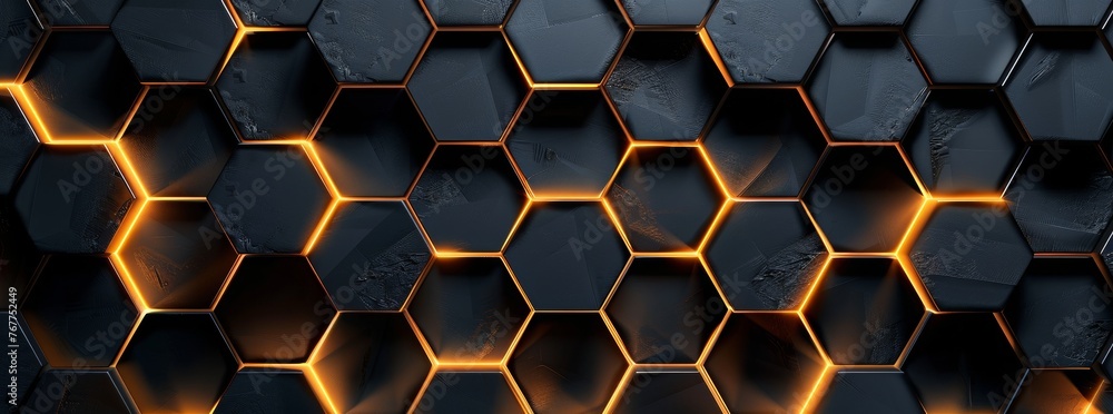 Abstract background with dark gray and orange hexagon shapes, creating an industrial atmosphere. The wall is made of dark metal, glowing in golden light. Background for design, banner, poster or cover