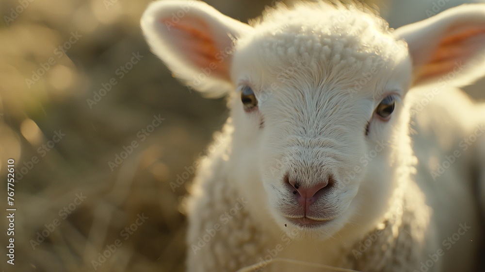 Close-up of a cute lamb's face, its gentle eyes reflecting pure innocence and curiosity. 