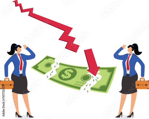 Loss of money, bankruptcy, investment losses, debt or loan problems, failed business, isometric businesswomen and businesswomen in despair and agony over broken bills