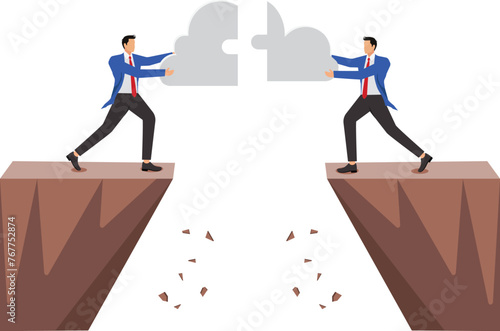Merger, reorganization or consolidation, cooperation, partnership, teamwork and support, business or friendship bridge, two businessmen joined together in a jigsaw puzzle