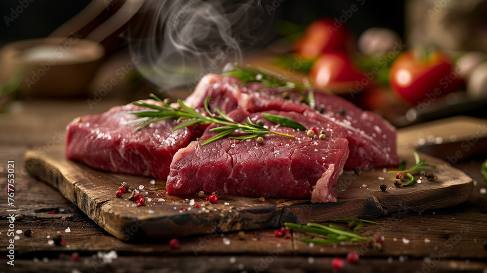 raw beef neck steaks, on the butcher desk, cinematic light, product photo, captured by Canon EF 50mm f/1.8 STM Lens, food stylist, ad