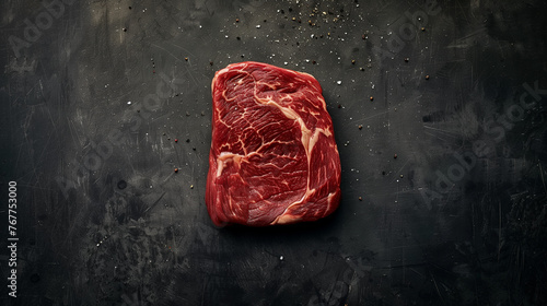 100 days grain fed australian beef ribeye steak cut, ultra define and real, with focus on texture, product visual view, flat lay view, dark and moody, minimalist background photo
