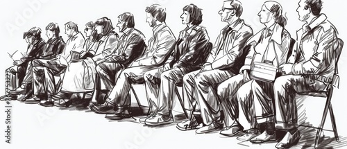 Ink Drawing Style Clean Line Art of a Crowd of Sitting People, Ages 30s and 40s