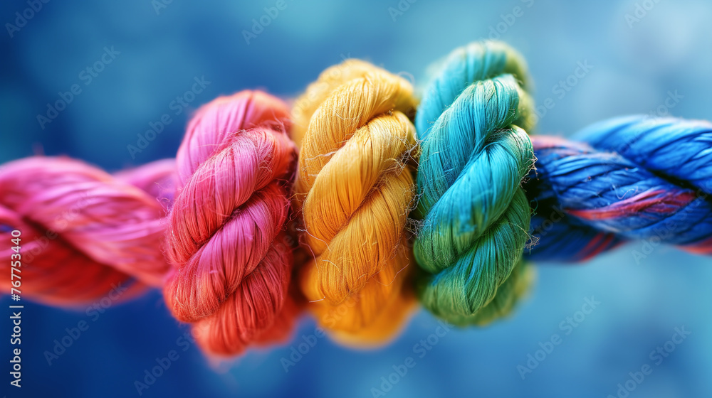 A colorful rope is tied in a knot. The rope is made up of four ...