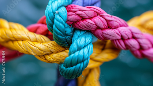 A colorful rope is tied in a knot. The rope is made up of four different colors, and it is tied in a knot