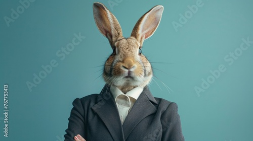 A businessman head looks like a rabbit wearing an office suit against a blue background