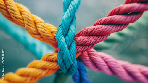 A colorful rope is tied in a knot. The rope is made up of four different colors, and it is tied in a knot
