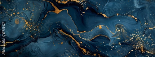 Abstract blue and gold marble background, fluid liquid art with swirling patterns of dark navy blue and shimmering golden hues.